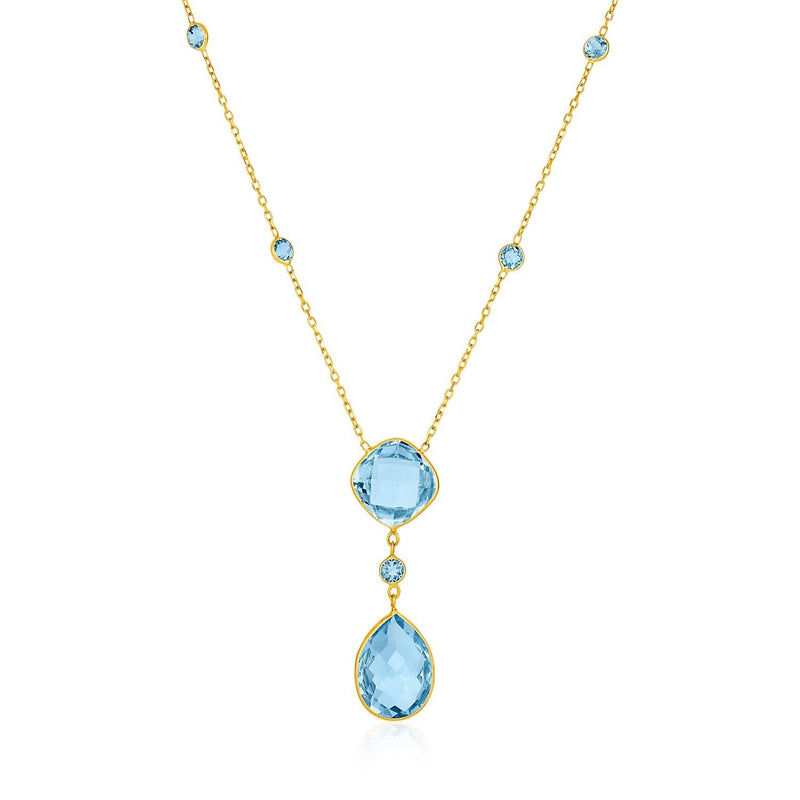 14k Yellow Gold Necklace with Pear-Shaped and Cushion Blue Topaz Briolettes 14K yellow gold necklace with pear and cushion blue topaz briolette stones