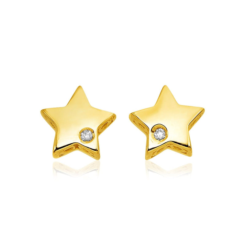 14k Yellow Gold Polished Star Earrings with Diamonds 14K yellow gold star earrings with 2 round diamond stones