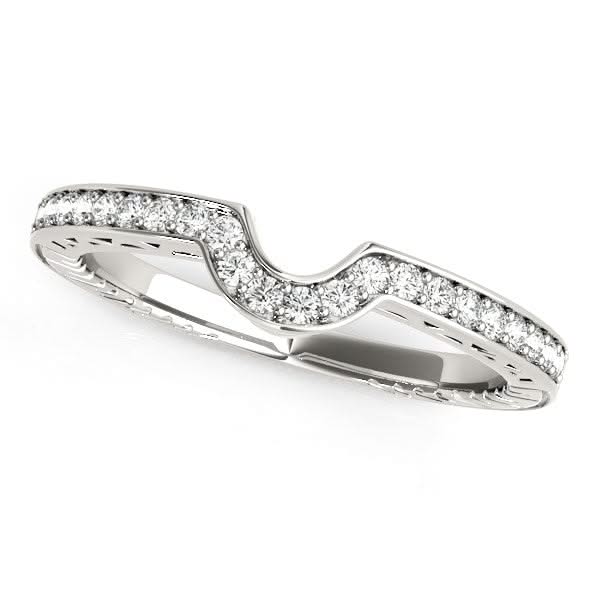 14k White Gold Prong Set Curved Wedding Band (1/8 cttw) 14K white gold curved wedding band with prong-set round diamond stones