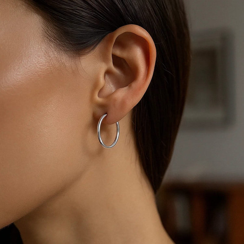 Sterling Silver Polished Thin Hoop Earrings with Rhodium Plating (2x20mm) Product Image