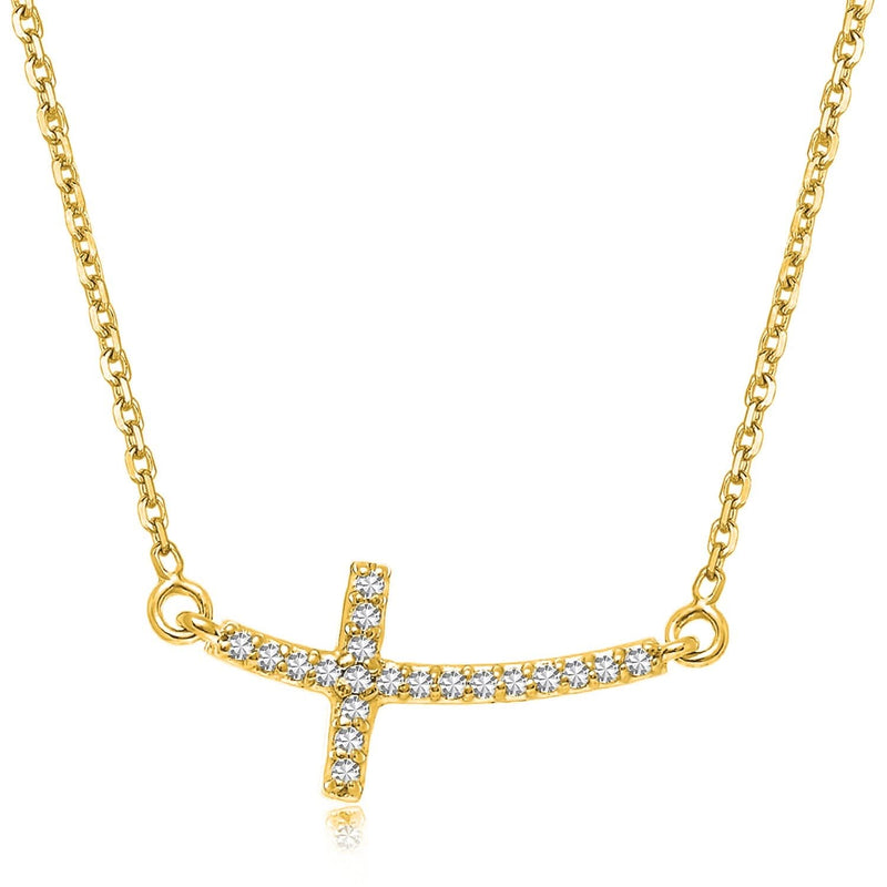 14k Yellow Gold Diamond Accented Curved Cross Necklace (.11cttw) 14K yellow gold curved cross necklace with round diamond accent stones