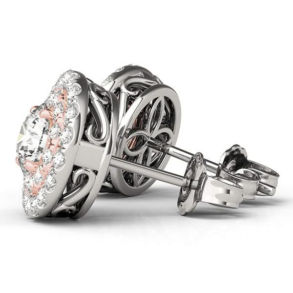14k White and Rose Gold Round Halo Diamond Earrings (3/4 cttw) 14K rose gold ring with round diamond stones in a white gold halo setting