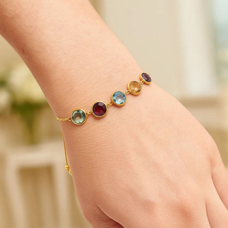 Adjustable Bracelet with Multicolored Round Gemstones in 14k Yellow Gold(1.00mm) 14K yellow gold bracelet with round multicolored gemstones on a fine chain