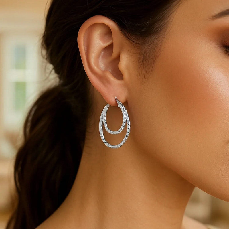 Sterling Silver Double Oval Textured Hoop Earrings Product Image