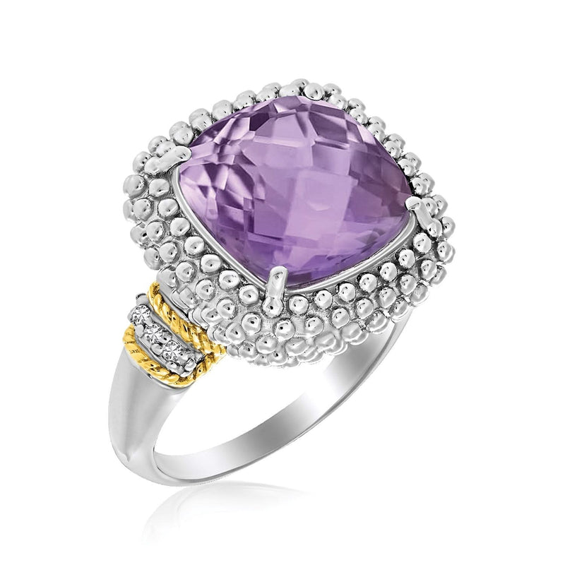 18k Yellow Gold & Sterling Silver Popcorn Ring with Amethyst and Diamond Accents 18K yellow gold ring with amethyst and round diamond accent stones