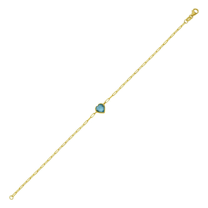 14K Yellow Gold Blue Topaz Heart Bracelet (1.50 mm) 14K yellow gold bracelet with heart blue topaz stones on a 1.50 mm chain