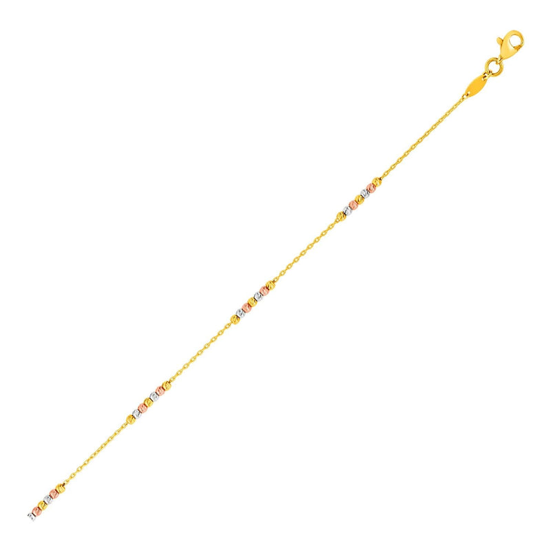 14k Tri Color Gold Anklet with Textured Beads 14K tri-color gold anklet with textured yellow, white, and rose gold beads