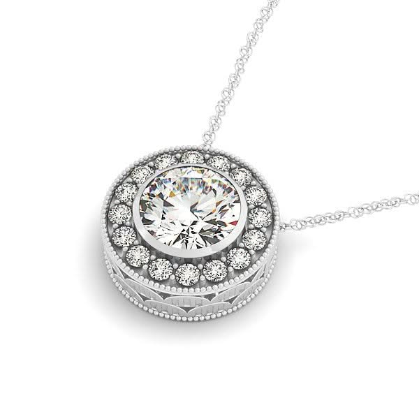 Diamond Halo with Center Bezel in 14k White Gold (5/8 cttw) 14K white gold necklace with bezel-set diamond halo pendant