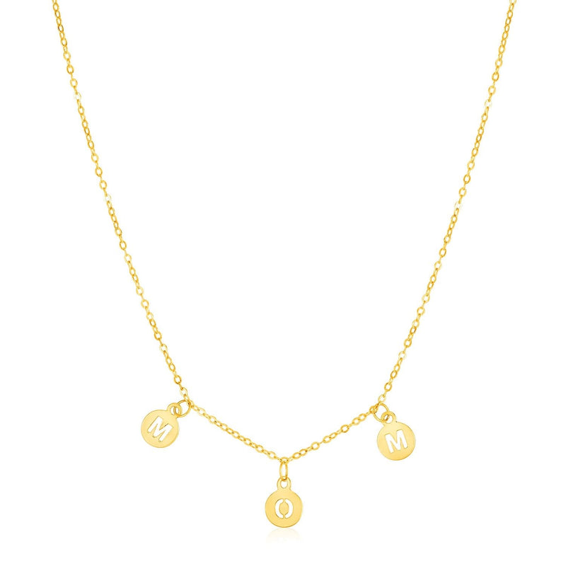 14k Yellow Gold Mom Necklace with Circle Drops 14K yellow gold Mom necklace with script lettering and circle drop details
