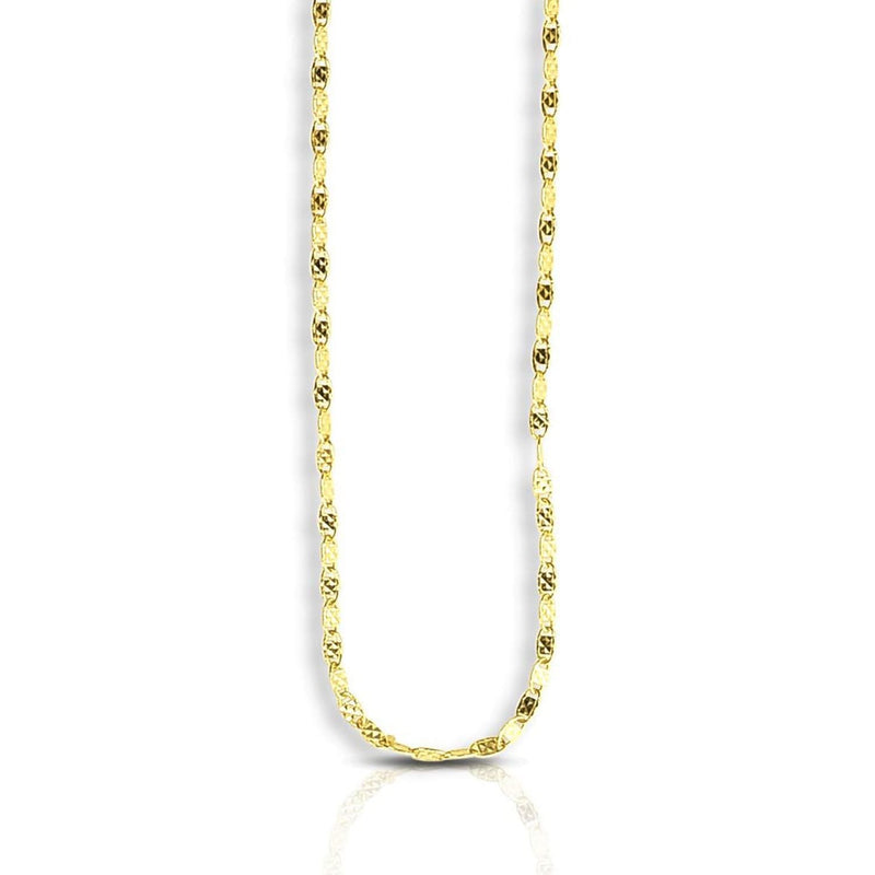 14k Yellow Gold Sparkle Valentino Chain (1.70 mm) 14K yellow gold Valentino chain with flat oval sparkle links at 1.70 mm