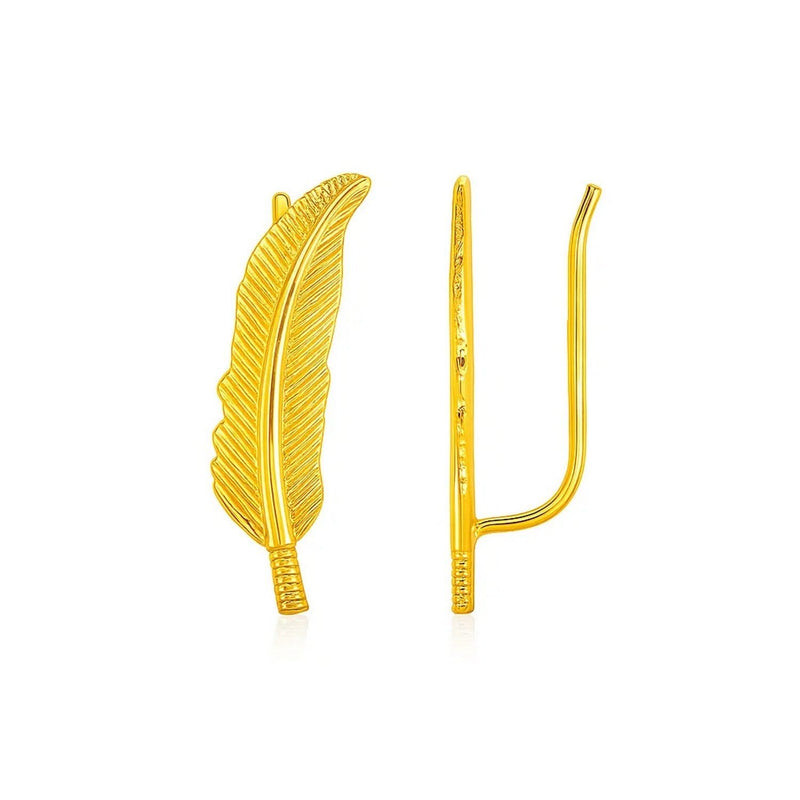 Textured Feather Climber Earrings in 14k Yellow Gold Product Image