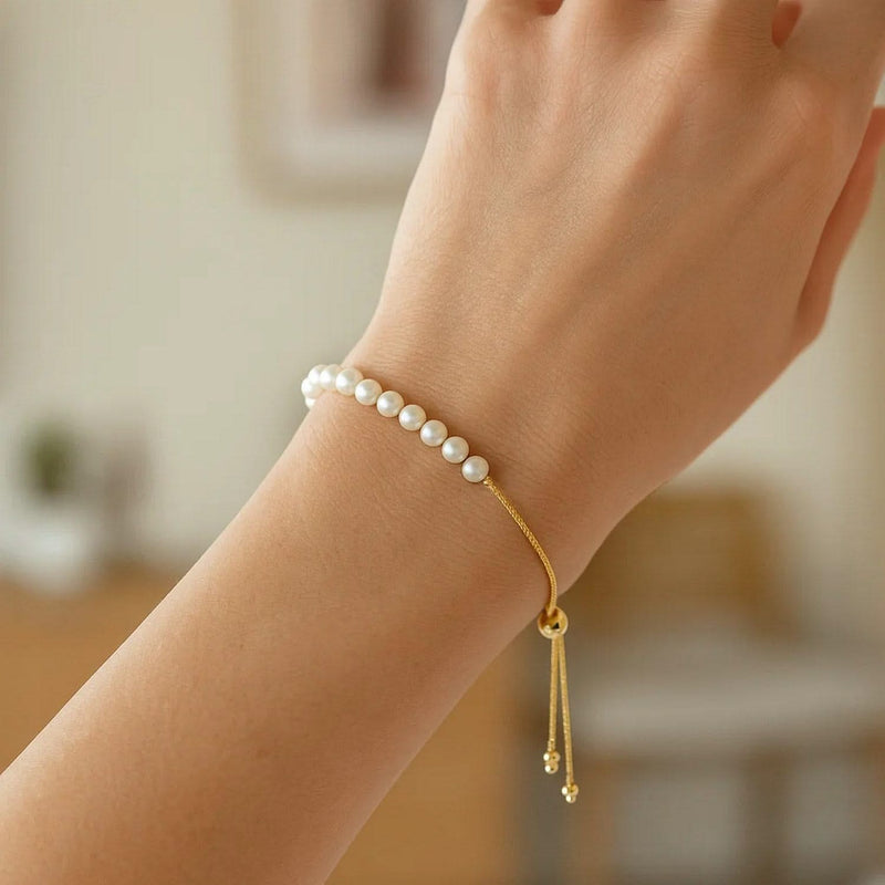 14k Yellow Gold Adjustable Friendship Bracelet with Pearls Product Image