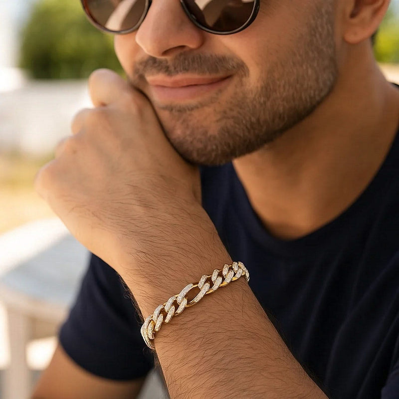 Modern Lite Figaro with White Pave Bracelet in 14K Yellow Gold (9.5mm) 14K yellow gold Figaro bracelet with white pave along the links