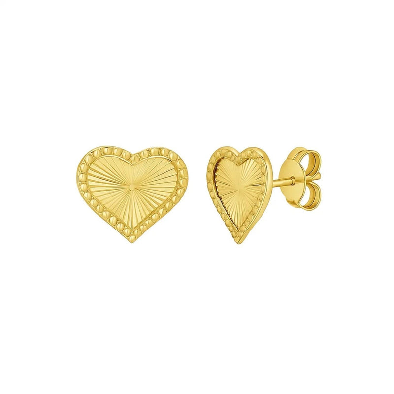 14K Yellow Gold Radiating Heart Stud Earrings 14K yellow gold heart ring with radiating engraved detail