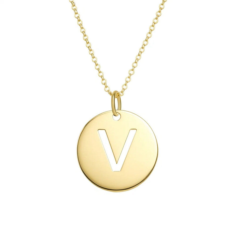 14K Yellow Gold Disc Initial V Pendant 14K yellow gold disc initial V pendant with polished flat face and fused bail