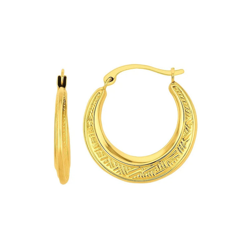 14K Yellow Gold Diamond Cut Etched Pattern Hoop Earrings 14K yellow gold diamond-cut etched hoop earrings with textured finish