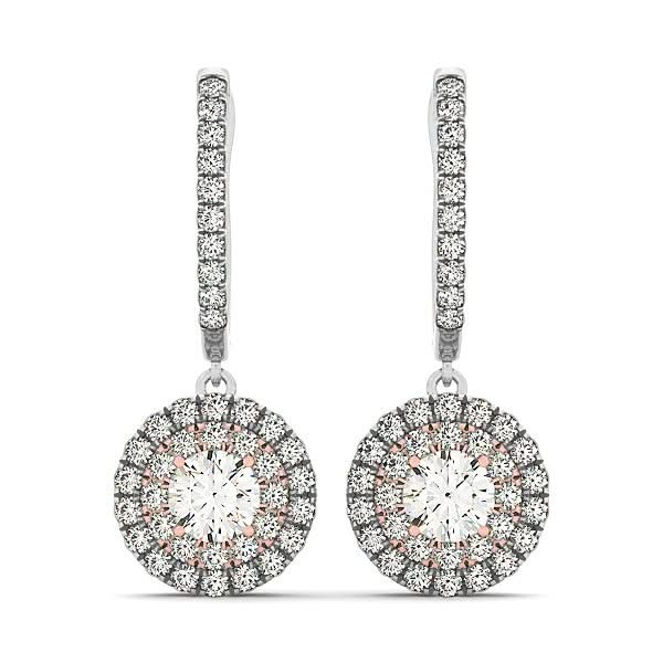 14k White And Rose Gold Drop Diamond Earrings with a Halo Design (3/4 cttw) 14K rose and white gold ring with halo diamond setting, 4 ct total