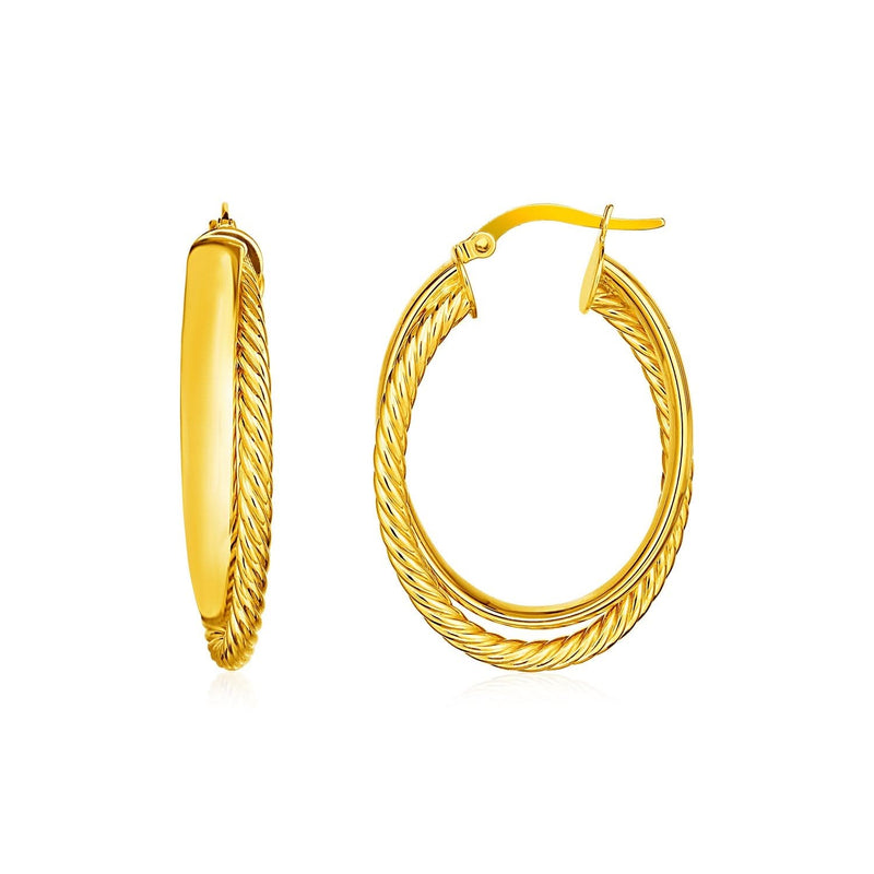 14K yellow gold two part textured twisted oval hoop earrings