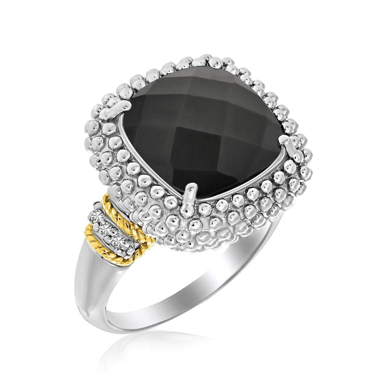 18k Yellow Gold & Sterling Silver Black Onyx and Diamond Popcorn Cushion Ring 18K yellow gold ring with cushion black onyx and cluster diamond stones
