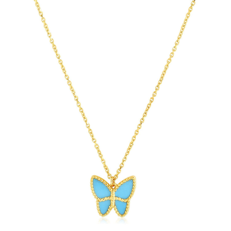 14k Yellow Gold High Polish Butterfly Turquoise Paste Necklace 14K yellow gold butterfly necklace with turquoise inlay wings