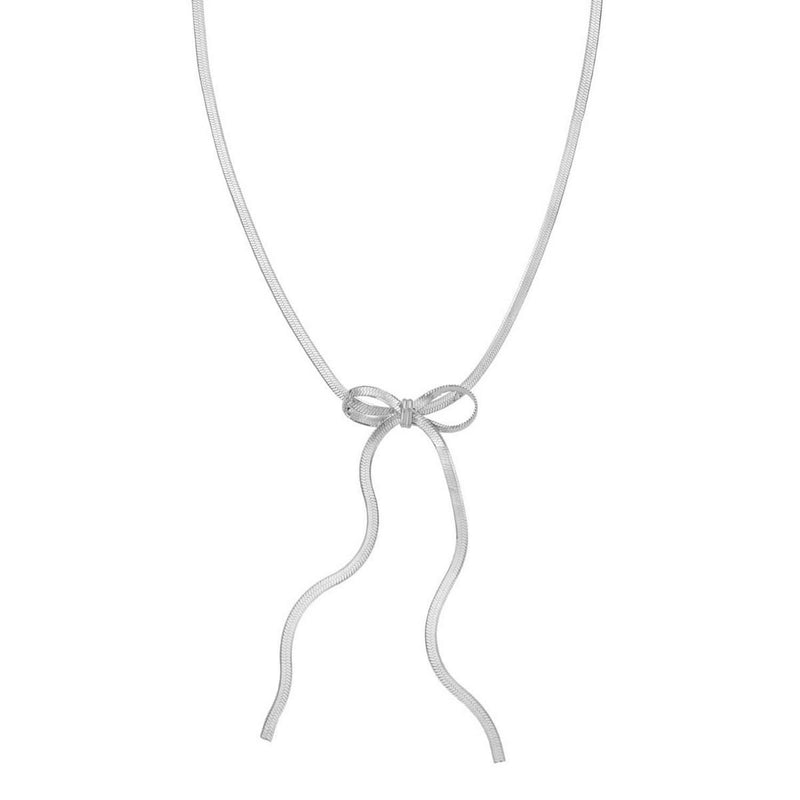 Sterling Silver Rhodium Plated Snake Bow Necklace Rhodium plated sterling silver snake bow necklace with flat chain