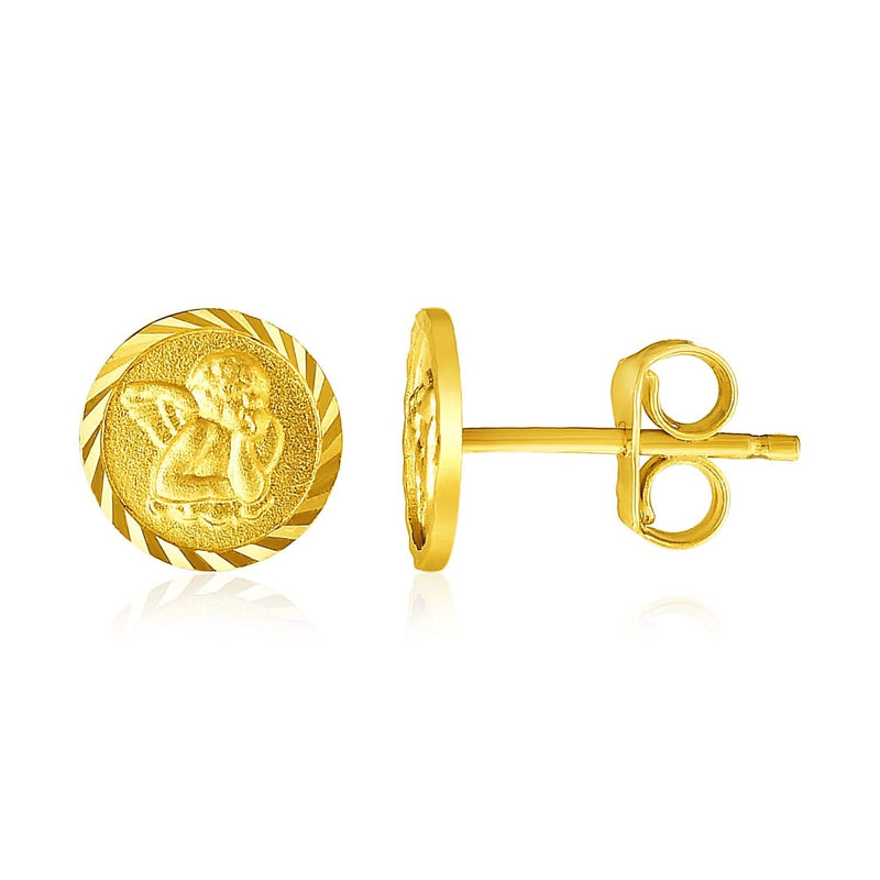 14k Yellow Gold Round Angel Post Earrings(8mm) 14K yellow gold ring with round angel motif in an 8mm frame