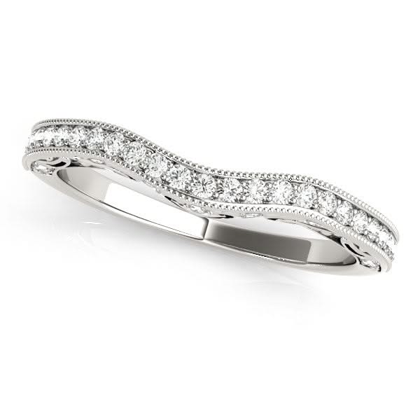 14k White Gold Milgrained Pave Set Curved Diamond Wedding Band (1/5 cttw) 14K white gold ring with pave-set round diamond stones and milgrain edges