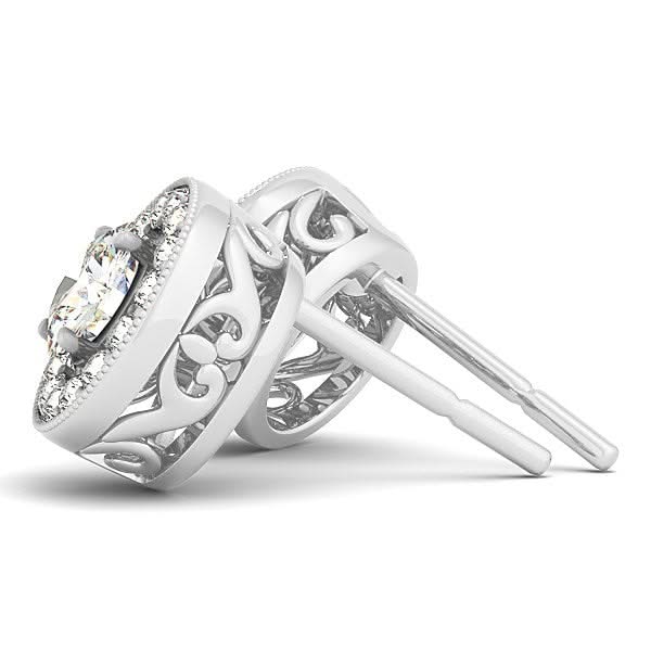 14k White Gold Round Diamond Halo Milgrain Border Earrings (3/4 cttw) 14K white gold ring with round diamond halo and milgrain border