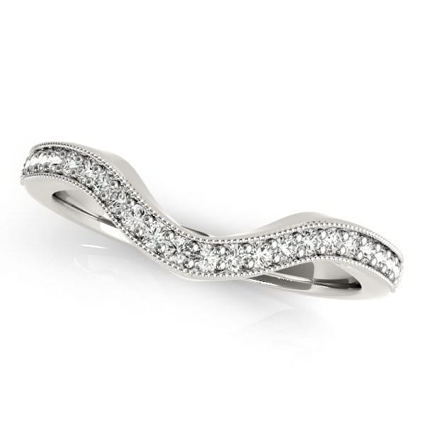 14k White Gold Milgrained Border Curved Diamond Wedding Band (1/5 cttw) 14K white gold curved wedding band with channel-set round diamond stones