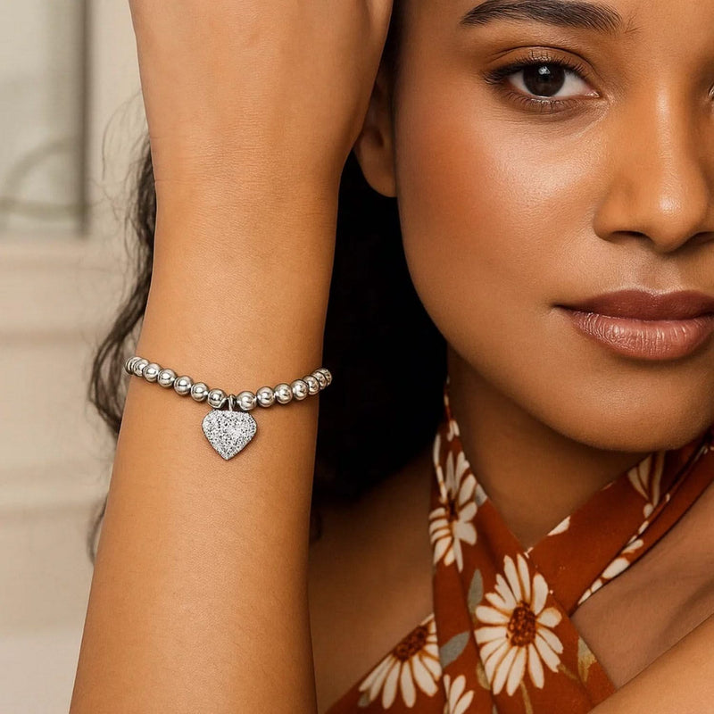 Adjustable Bead Bracelet with Round Charm and Cubic Zirconias in Sterling Silver Product Image