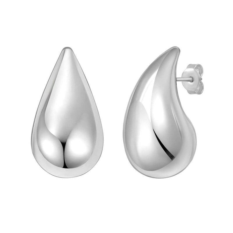 Sterling Silver Rhodium Plated Puffed Teardrop Earrings Rhodium plated sterling silver puffed teardrop earrings with domed profile