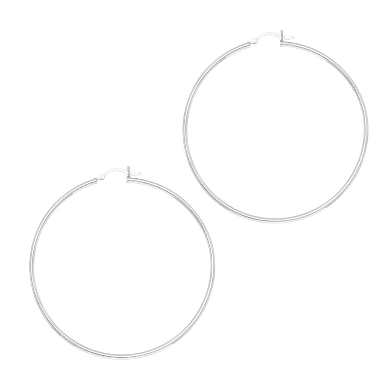 Rhodium Plated Hoop Earrings in Sterling Silver (2x60mm) Rhodium plated sterling silver 2mm hoop earrings, 60mm diameter, no stones