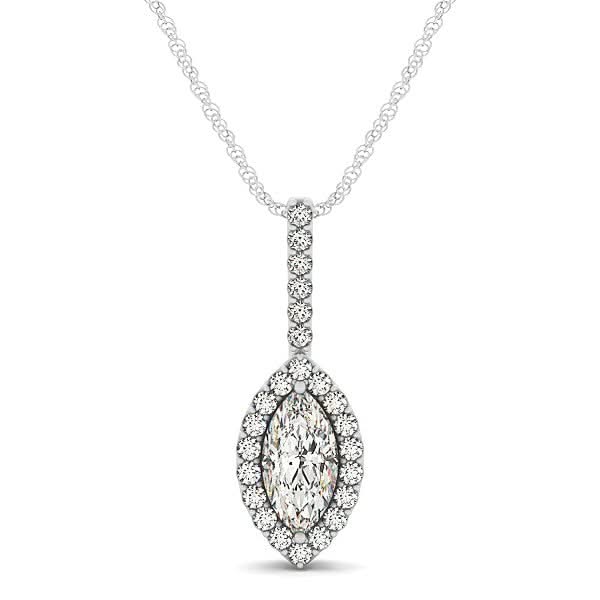 Marquis Shape Diamond Halo Pendant in 14k White Gold (2/3 cttw) 14K white gold pendant with marquise diamond and round halo diamond stones