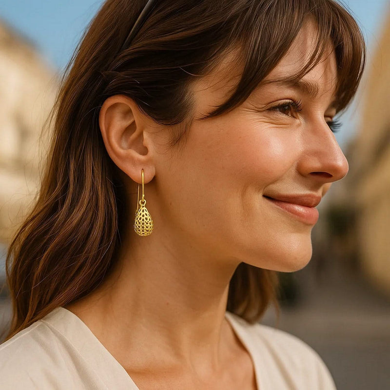 14k Yellow Gold Teardrop Drop Earrings with Honeycomb Texture Product Image