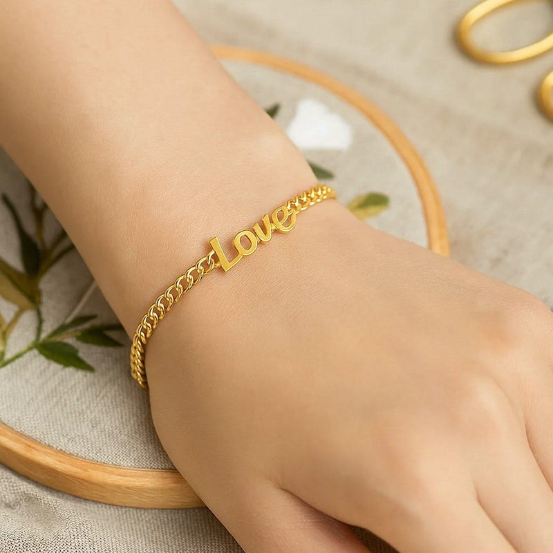 14k Yellow Gold 7 inch Curb Chain Love Bracelet Product Image
