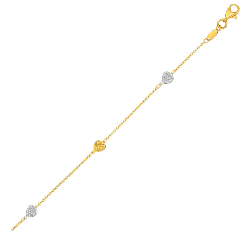 14k Two-Toned Yellow and White Gold Anklet with Textured Hearts 14K white gold anklet with textured heart shapes in two-tone gold
