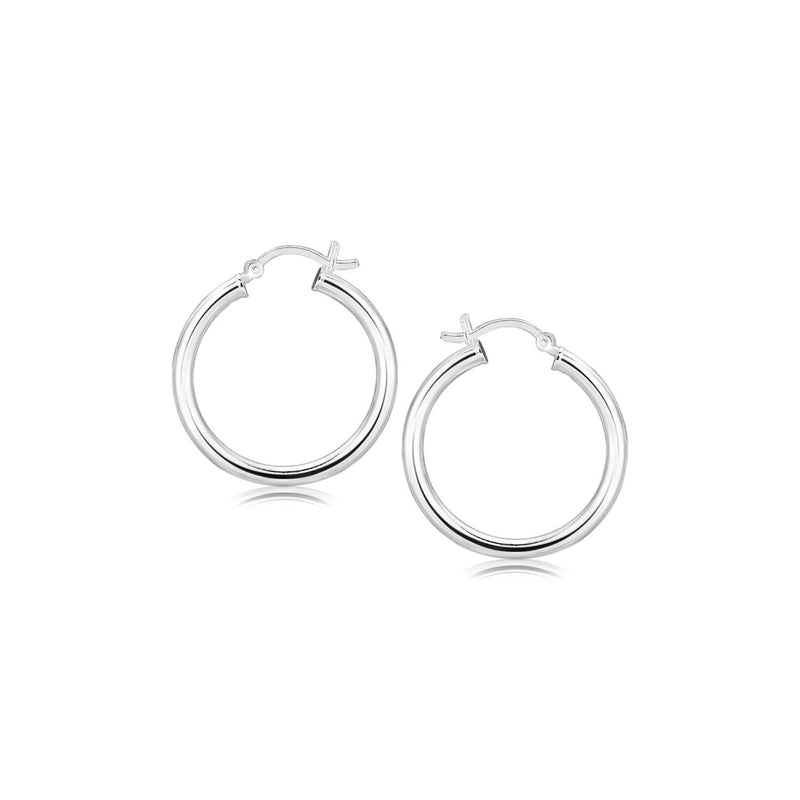 Sterling Silver Rhodium Plated Polished Look Hoop Earrings (3x25mm) Rhodium plated sterling silver hoop earrings with polished 3x25mm profile