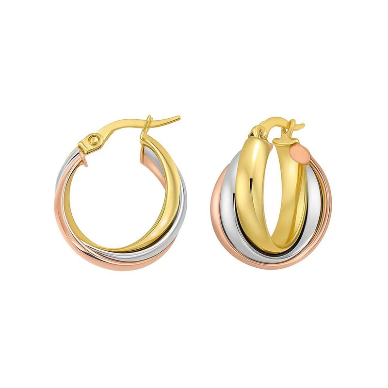 14K Tri Color Gold Polished Medium Trinity Woven Hoop Earrings 14K tri-color gold woven trinity hoop earrings with polished braided band