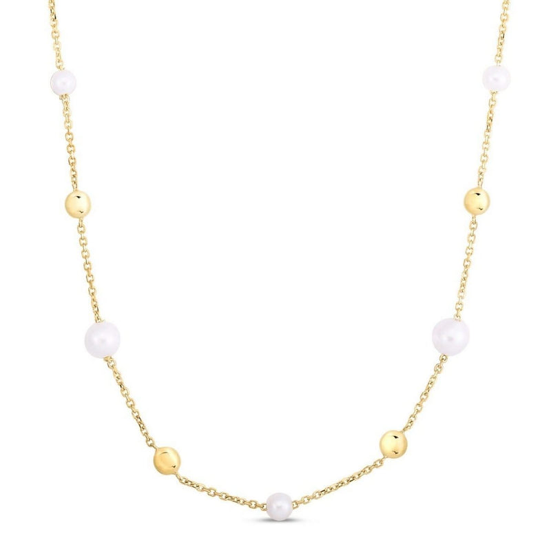 14K Yellow Gold Pearl Bead Tin Cup Station Necklace 14K yellow gold necklace with pear pearl stations on a tin cup chain