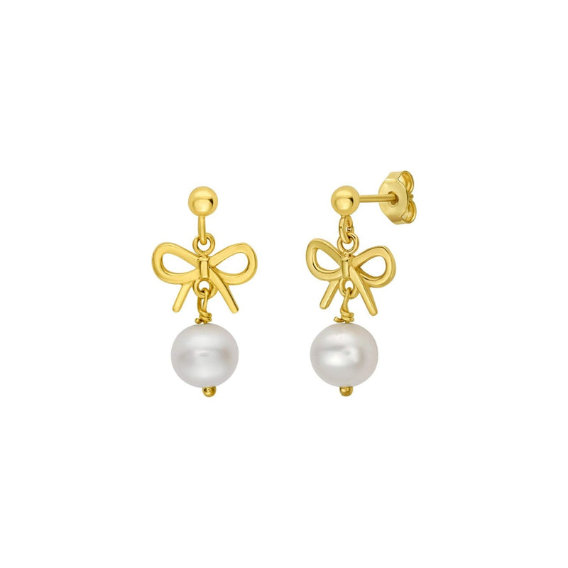 14K Yellow Gold Bow and Freshwater Pearl Drop Earrings 14K yellow gold ring with 1 pear freshwater pearl stone and bow accent