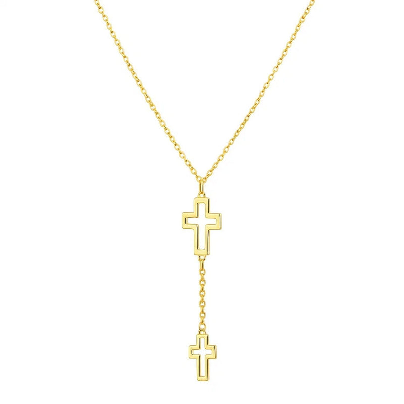 Double Cross Drop Necklace in 14K Yellow Gold 14K yellow gold double cross drop necklace with two polished pendants