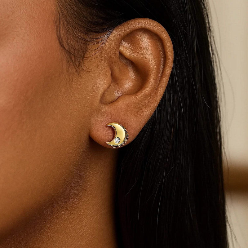 14k Yellow Gold Polished Moon Earrings with Diamonds Product Image