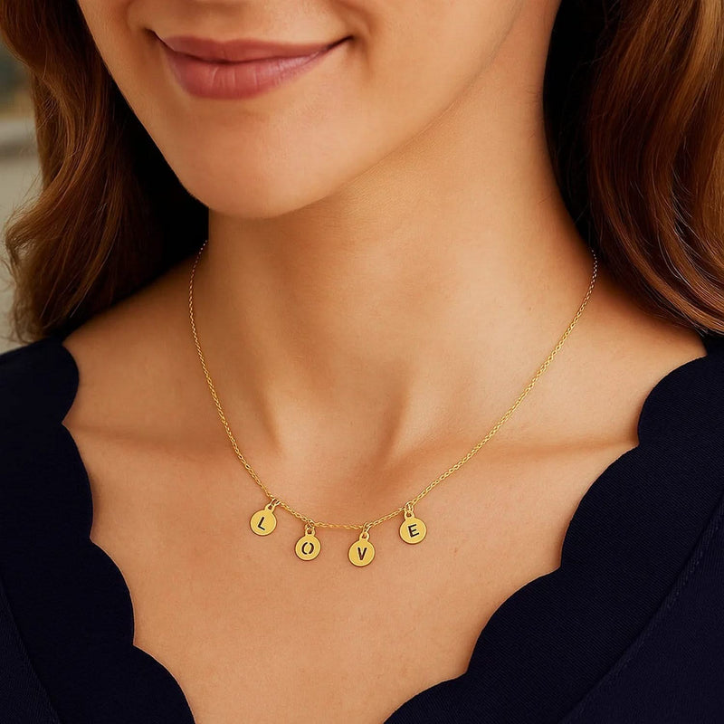 14k Yellow Gold Love Necklace with Circle Drops Product Image