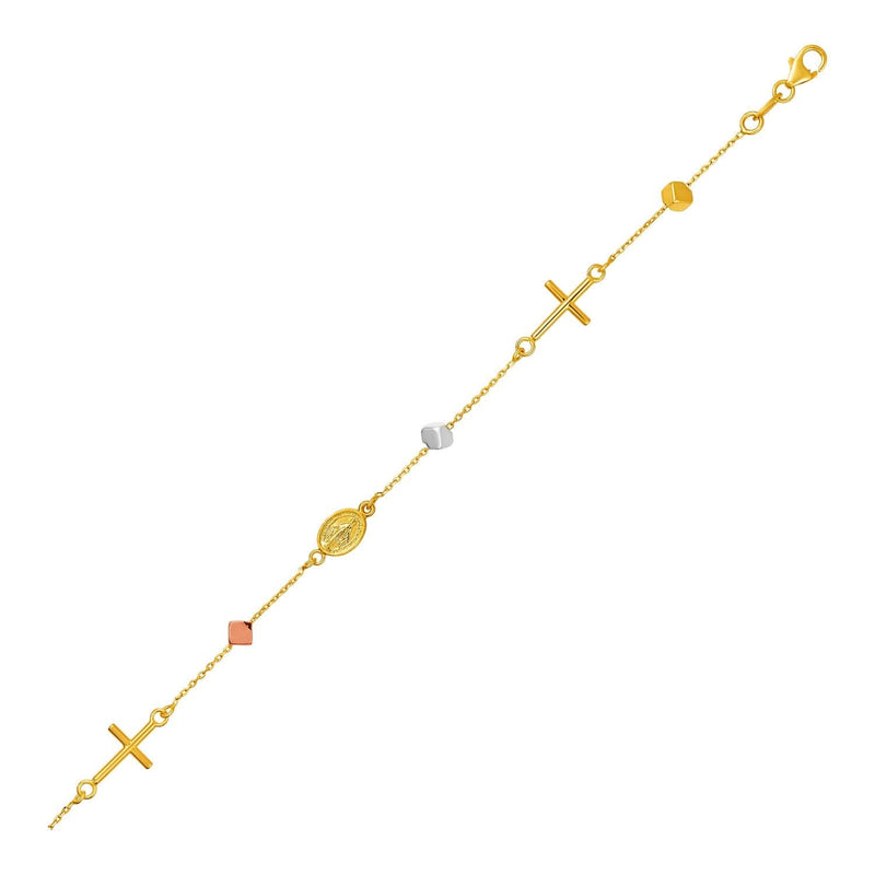 14K tri-color gold bracelet with cross, cube, and medallion link stations