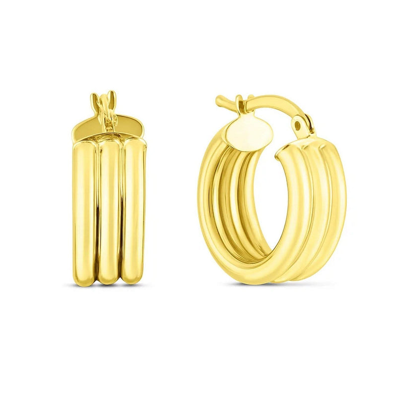 14K Yellow Gold Small Triple Row Round Hoop Earrings (10.00 mm) 14K yellow gold triple row round hoop earrings with beaded surface