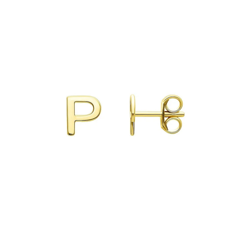 14K yellow gold initial P stud earrings with polished letter face
