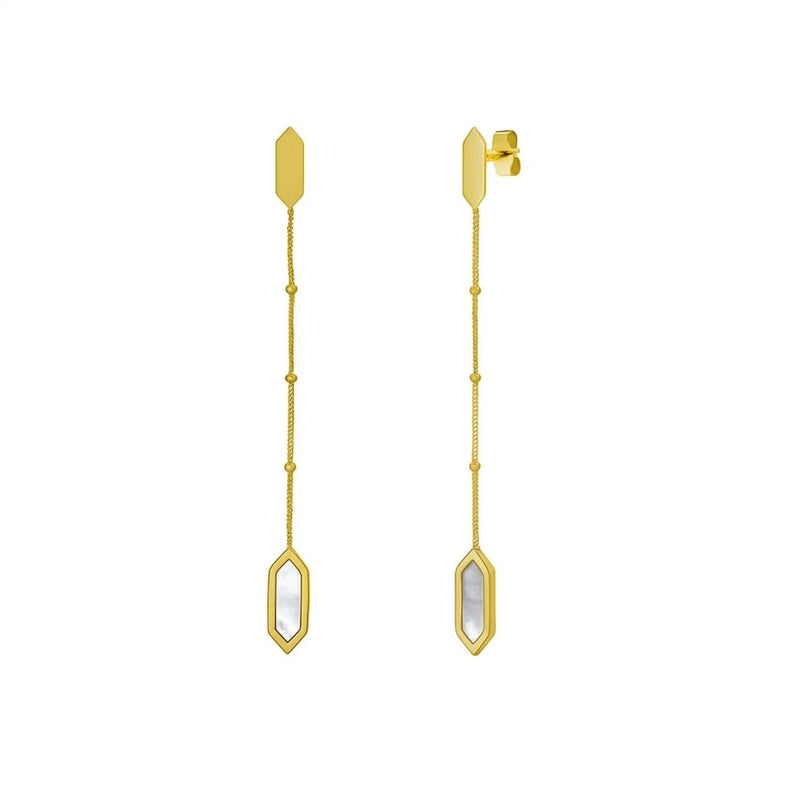 14K Yellow Gold Hexagon Mother of Pearl Drop Earrings 14K yellow gold drop earrings with pear mother of pearl stones in hexagon frames