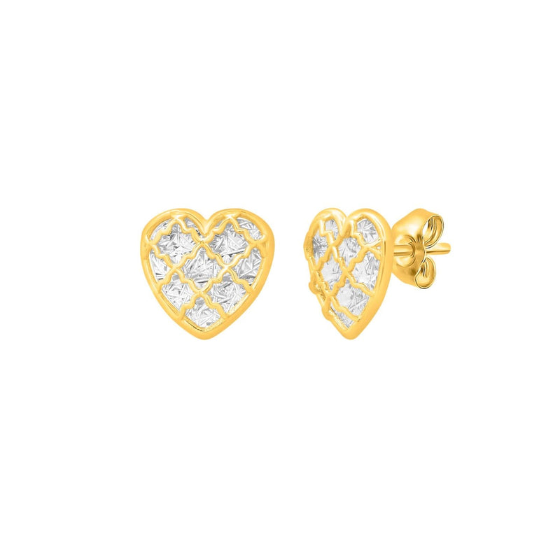 Checkered Heart Stud Earrings in 14K Yellow Gold 14K yellow gold heart ring with checkered pattern surface