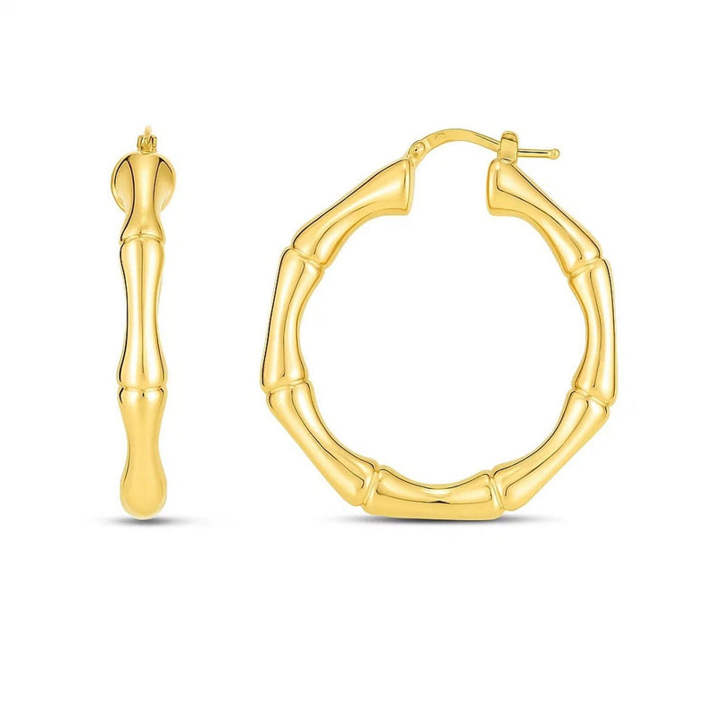 14k Yellow Gold Large Bamboo Hoops 14K yellow gold large bamboo hoop earrings with segmented ridged design