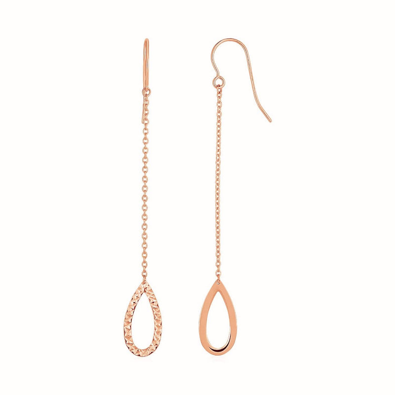 Textured Pear Shaped Long Drop Earrings in 14k Rose Gold 14K rose gold drop earrings with pear shaped textured metal forms
